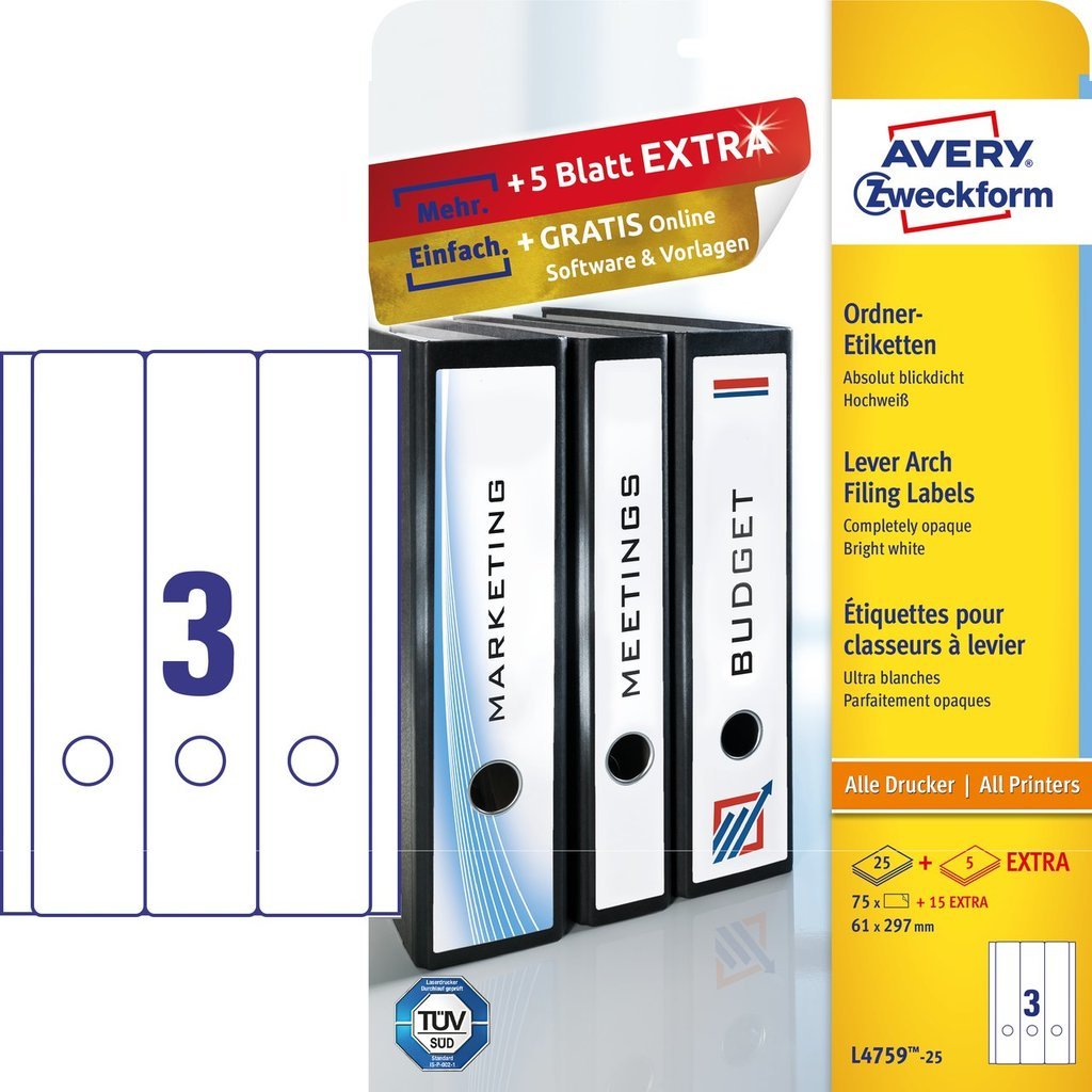 Avery-Zweckform L4759-25 Etiketten (A4) 61 x 297 mm Papier Wei� 75 St. Permanent Ordner-Etiketten Tinte, Laser, Kopie
